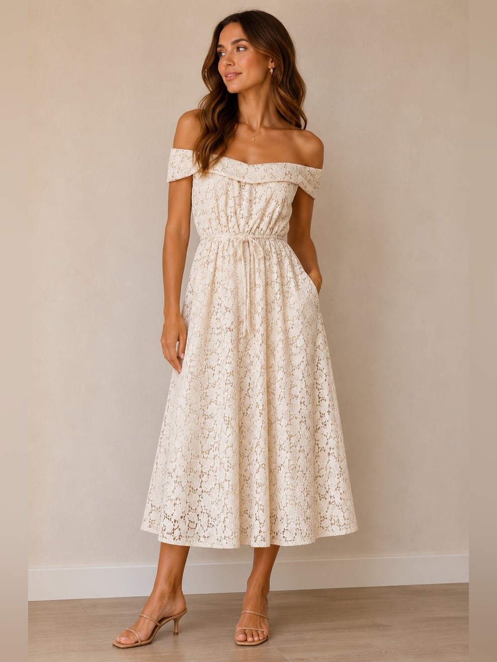 Lace Off-Shoulder Cream Midi Dress